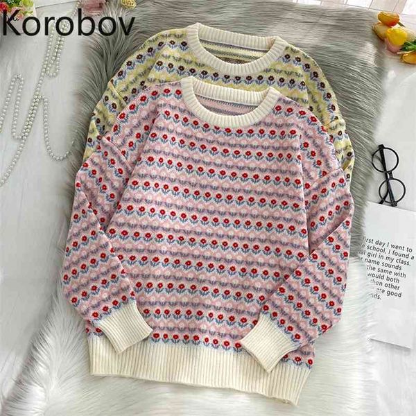 korobov autumn winter korean sweaters hit color flower striped vintage sweater preppy style o neck long sleeve sueter mujer 210430, White;black
korobov autumn winter korean sweaters hit color flower striped vintage sweater preppy style o neck long sleeve sueter mujer 210430, White;black