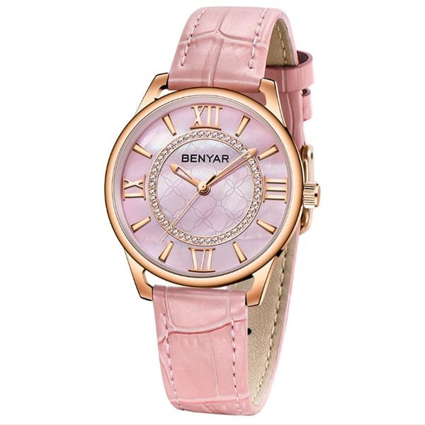 wristwatches female pink pearl dial watch quartz movement blue leather strap buckle ladies 3bar waterproof benyar a531, Slivery;brown
wristwatches female pink pearl dial watch quartz movement blue leather strap buckle ladies 3bar waterproof benyar a531, Slivery;brown
