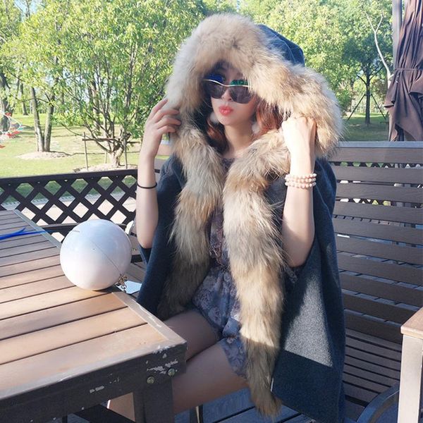 women's fur & faux maomaokong raccoon collar wool cloak coat spring and autumn ladies clothing, Black
women's fur & faux maomaokong raccoon collar wool cloak coat spring and autumn ladies clothing, Black