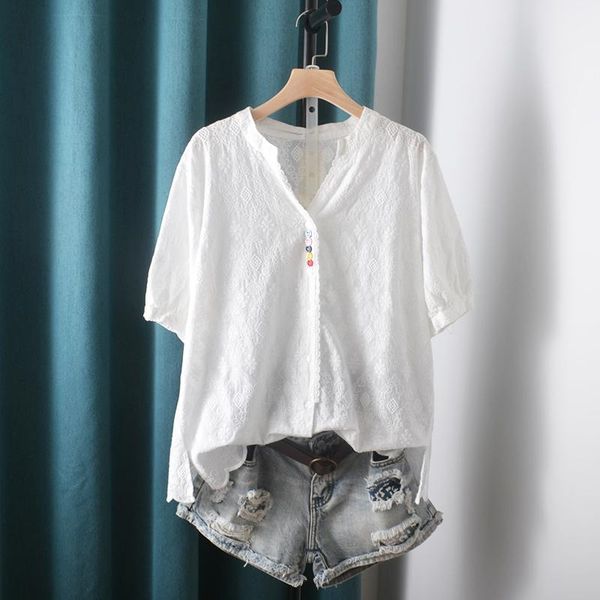 women's blouses & shirts v-neck embroidery cotton short sleeve blouse literary temperament shirt summer, White
women's blouses & shirts v-neck embroidery cotton short sleeve blouse literary temperament shirt summer, White