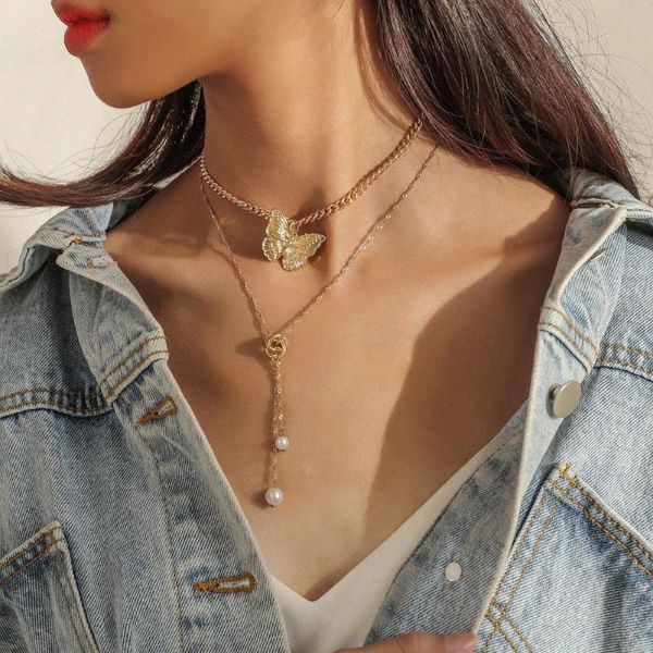 chains fashion double-layer butterfly knotted pearl pendant necklace for women simple exaggerated gold color chain jewelry, Silver
chains fashion double-layer butterfly knotted pearl pendant necklace for women simple exaggerated gold color chain jewelry, Silver