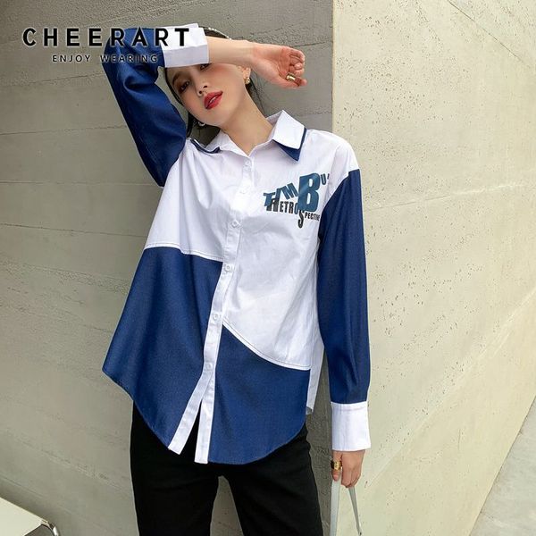 spring patchwork denim long sleeve shirt women letter print button up collar blouse korean clothes 210427, White
spring patchwork denim long sleeve shirt women letter print button up collar blouse korean clothes 210427, White