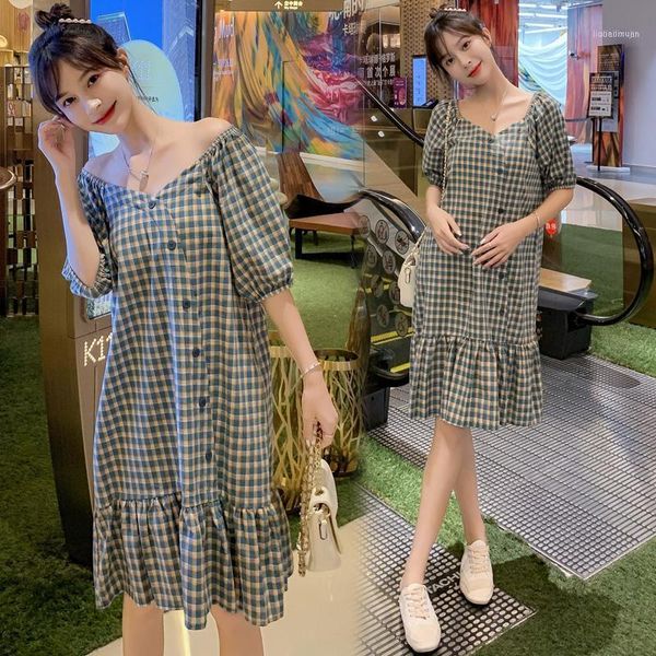 9130# maternity dress summer cotton plaid short sleeve loose stylish for pregnant women mom1, White
9130# maternity dress summer cotton plaid short sleeve loose stylish for pregnant women mom1, White
