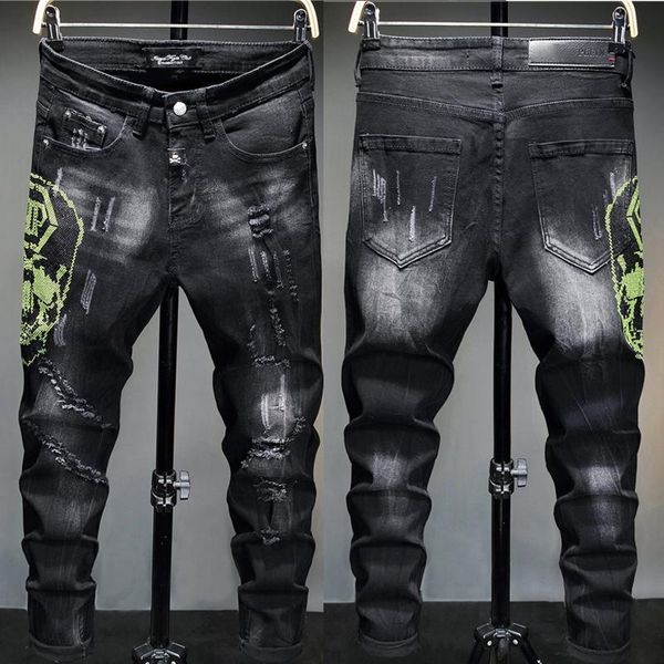 men's jeans european style men mens slim denim trousers black straight skulls biker hole pants for, Blue
men's jeans european style men mens slim denim trousers black straight skulls biker hole pants for, Blue