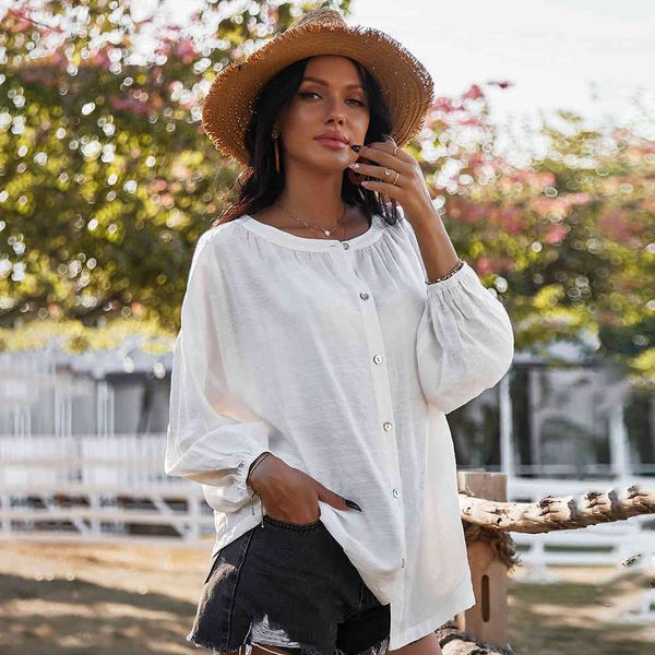 women spring shirt fashion o-neck single buttons long sleeve solid casual women's loose blouses female summer 210524, White
women spring shirt fashion o-neck single buttons long sleeve solid casual women's loose blouses female summer 210524, White