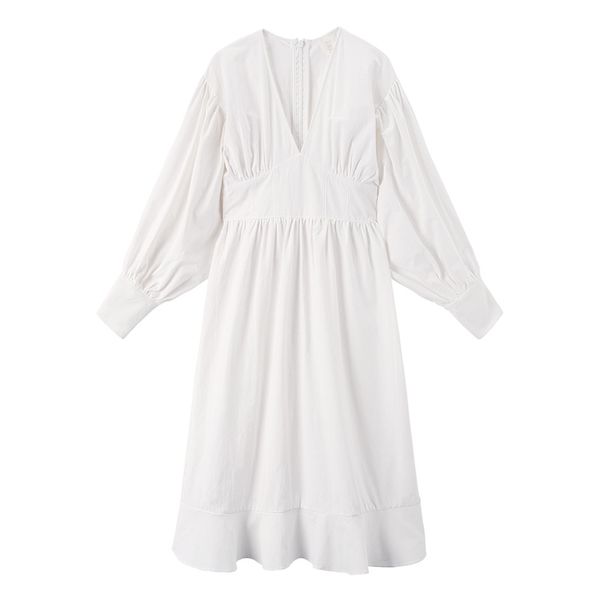 white v neck long sleeve solid knee length dress loose elegant autumn ruffle d0741 210514, Black;gray
white v neck long sleeve solid knee length dress loose elegant autumn ruffle d0741 210514, Black;gray