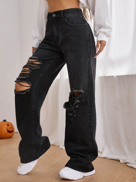 high waist ripped wide leg jeans d34q#, Blue
high waist ripped wide leg jeans d34q#, Blue