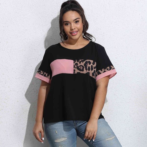 women's plus size hy365006 loose large short sleeve t-shirt leopard stitching sweet 
women's plus size hy365006 loose large short sleeve t-shirt leopard stitching sweet
