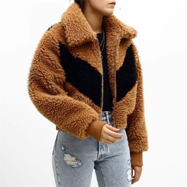 winter women's jacket casual solid color stitching plush 210430, Black;brown 
winter women's jacket casual solid color stitching plush 210430, Black;brown