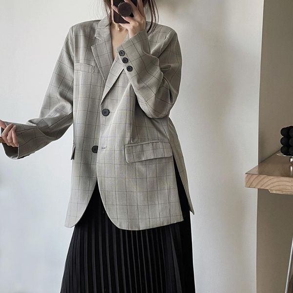 women's suits & blazers 2021 autumn women gray plaid blazer simple loose single breasted suit coat, White;black
women's suits & blazers 2021 autumn women gray plaid blazer simple loose single breasted suit coat, White;black