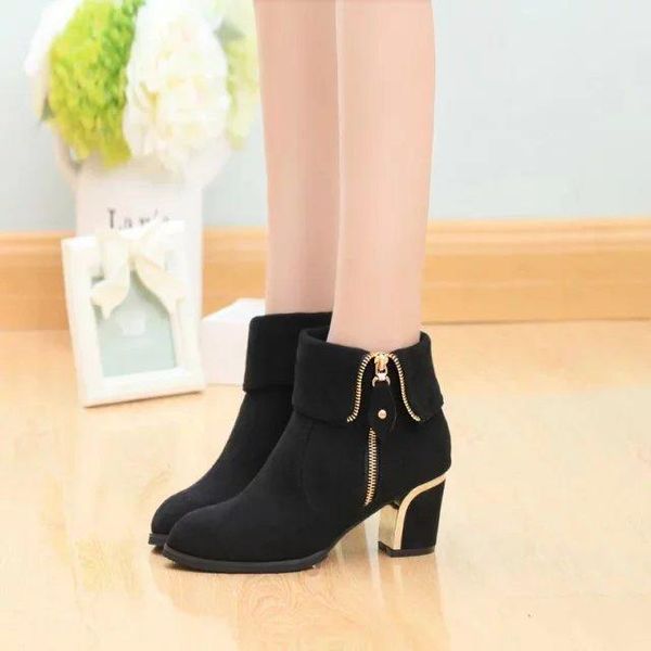 boots women's 2021 35-42 large size two pointed suede zipper thick with the women, Black