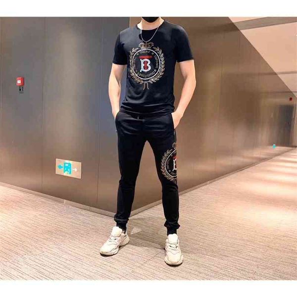 2021 summer new diamond t-shirt men's suit tb pants two-piece set handsome guy slim fit short sleeve, White;black
2021 summer new diamond t-shirt men's suit tb pants two-piece set handsome guy slim fit short sleeve, White;black
