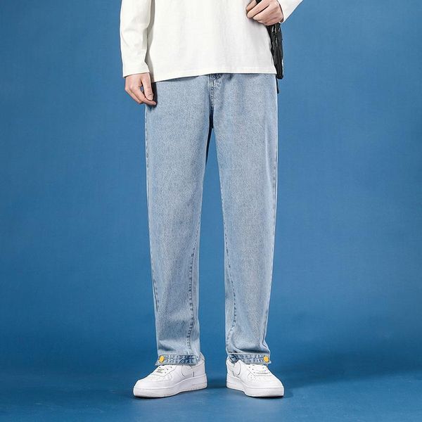 men's jeans ins style denim wide-leg pants button binding feet straight light blue baggy elastic waist korean fashion old