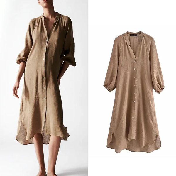 casual dresses summer women's dress 2021 vintage v neck solid single breasted button long sleeve woman chic vestido, Black;gray 
casual dresses summer women's dress 2021 vintage v neck solid single breasted button long sleeve woman chic vestido, Black;gray