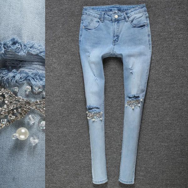 women's jeans fashion handmade beaded lady rhinestones diamond denim ripped hole skinny stretch pencil pants distressed, Blue
women's jeans fashion handmade beaded lady rhinestones diamond denim ripped hole skinny stretch pencil pants distressed, Blue