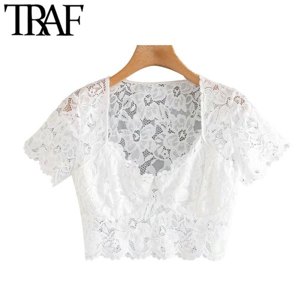 women fashion see through lace cropped blouses vintage v neck short sleeve female shirts blusas chic 210507, White
women fashion see through lace cropped blouses vintage v neck short sleeve female shirts blusas chic 210507, White
