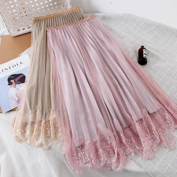 skirts lace patchwork mesh female elastic waist a-line pleated skirt, Black