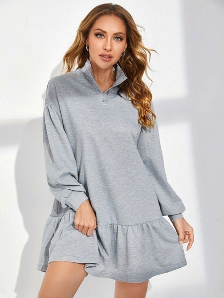 drop shoulder ruffle hem half button placket sweatshirt dress 59g9#, White;black
drop shoulder ruffle hem half button placket sweatshirt dress 59g9#, White;black