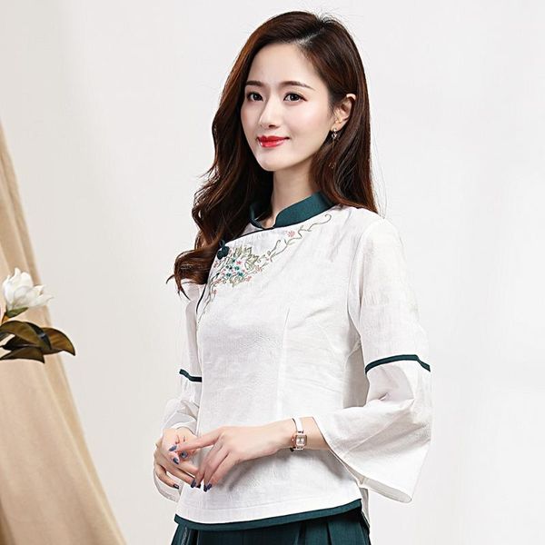 cotton linen women stand collar jackets hanfu girls' summer shirt short sleeve clothing slim chinese traditional blouse women's bl, White
cotton linen women stand collar jackets hanfu girls' summer shirt short sleeve clothing slim chinese traditional blouse women's bl, White