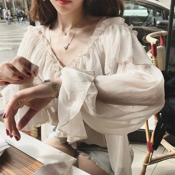 women's blouses & shirts v-neck women see through boho mesh blouse summer ruffle flare sleeve elegant peplum ruffles ladies, White
women's blouses & shirts v-neck women see through boho mesh blouse summer ruffle flare sleeve elegant peplum ruffles ladies, White