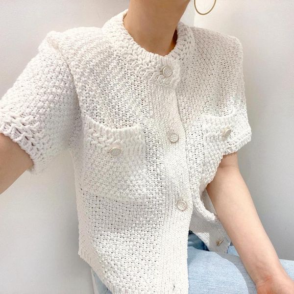 women's knits & tees korea chic simple wild round neck single-breasted design loose solid color casual short-sleeved sweater women, White
women's knits & tees korea chic simple wild round neck single-breasted design loose solid color casual short-sleeved sweater women, White