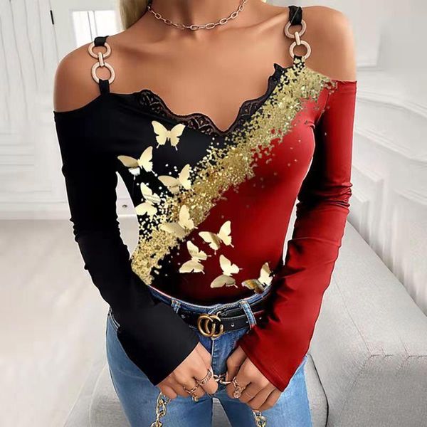 women's t-shirt 2021 fall bronzing butterfly print women sling lace long sleeve lady pullover slim off shoulder tee streetwear, White
women's t-shirt 2021 fall bronzing butterfly print women sling lace long sleeve lady pullover slim off shoulder tee streetwear, White