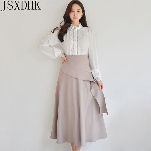 spring women skirts suit fashion white chiffon long sleeve stand collar shirt + elegant high waist big swing midi skirt women's tracks, Gray
spring women skirts suit fashion white chiffon long sleeve stand collar shirt + elegant high waist big swing midi skirt women's tracks, Gray