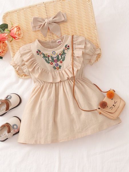 baby floral embroidered puff sleeve ruffle trim dress & headband she, Red;yellow
baby floral embroidered puff sleeve ruffle trim dress & headband she, Red;yellow