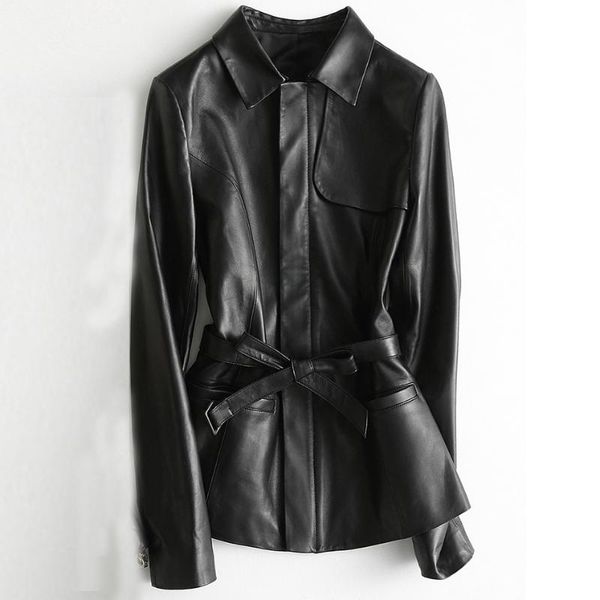 women's leather & faux fad brand genuine jacket women sheepskin coat with belt elegant streetwear casual black slim a015
women's leather & faux fad brand genuine jacket women sheepskin coat with belt elegant streetwear casual black slim a015