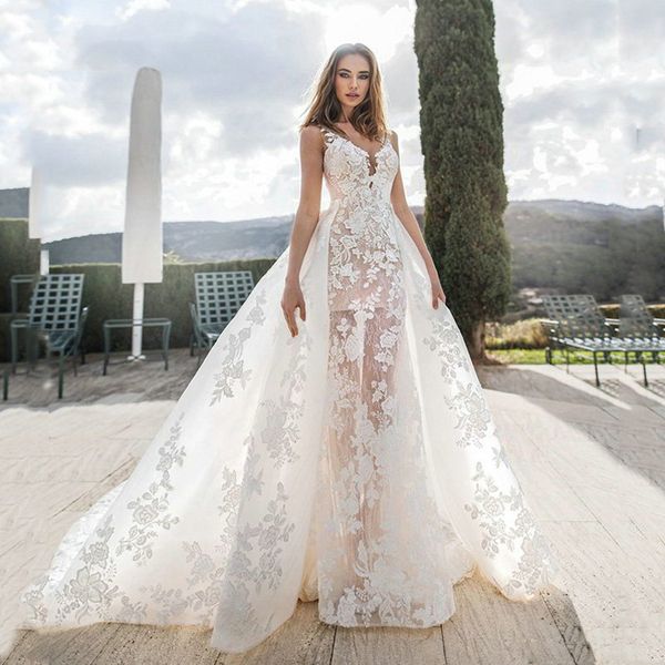 deep v neck lace appliques mermaid wedding dresses with detachable train tulle plus size bridal gowns vestidos de novia, White
deep v neck lace appliques mermaid wedding dresses with detachable train tulle plus size bridal gowns vestidos de novia, White