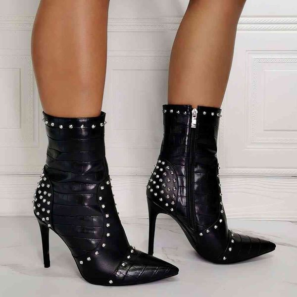 boots big size 43 ladies high heels rivet zipper luxury boots women autumn pointed toe shoes woman, Black