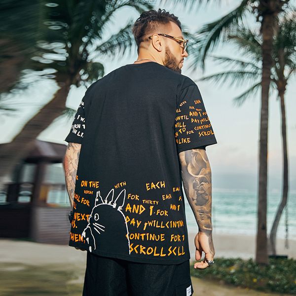 tee 2021 Summer big cartoons t male Loops fat man tops crew neck cotton shirt, White;black 
tee 2021 Summer big cartoons t male Loops fat man tops crew neck cotton shirt, White;black
