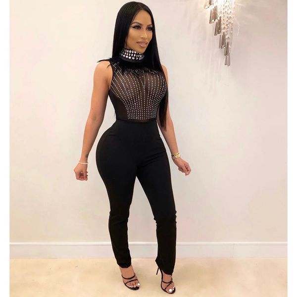 women's jumpsuits & rompers women sleeveless black jumpsuit feather rhinestone sheer mesh womens clubwear slim sheath bodysuit, Black;white
women's jumpsuits & rompers women sleeveless black jumpsuit feather rhinestone sheer mesh womens clubwear slim sheath bodysuit, Black;white