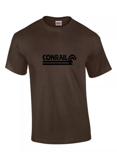 black conrail logo on chocolate brown t-shirt defunct railroad train tee shirt, White;black
black conrail logo on chocolate brown t-shirt defunct railroad train tee shirt, White;black