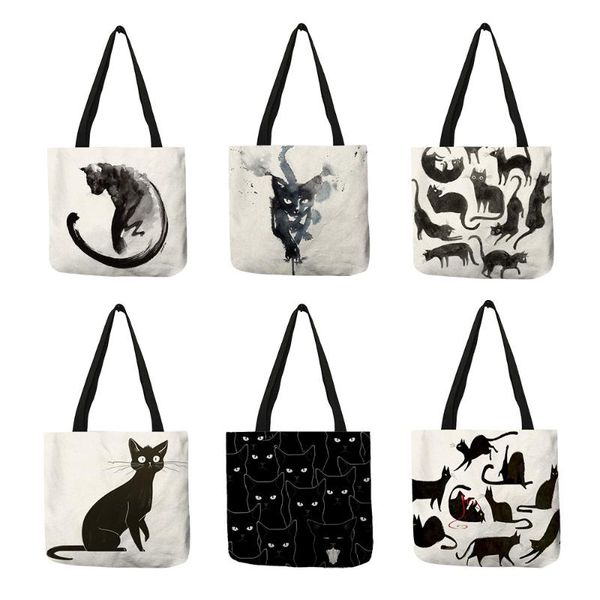evening bags black cat print women's hand bag, casual reusable linen fabric shoulder bag
evening bags black cat print women's hand bag, casual reusable linen fabric shoulder bag