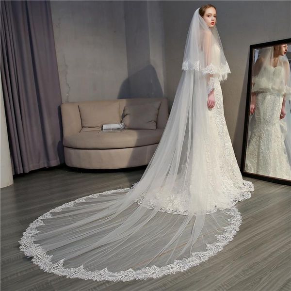 bridal veils lace edge white ivory cathedral wedding veil two layers long with blusher accessories voile de mariée, Black
bridal veils lace edge white ivory cathedral wedding veil two layers long with blusher accessories voile de mariée, Black