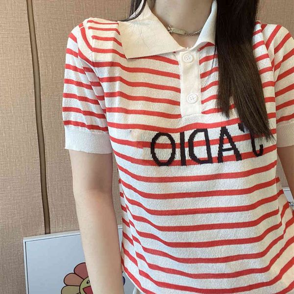 d family 21 summer letter jacquard navy style knitted women polo collar stripe contrast short sleeve t-shirt, White
d family 21 summer letter jacquard navy style knitted women polo collar stripe contrast short sleeve t-shirt, White