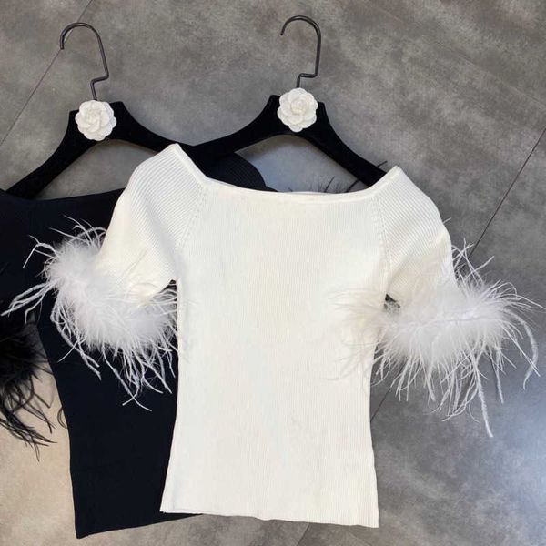 faop design feather half sleeve slash neck stretch knitted t shirt women fashion gb930 210709, White
faop design feather half sleeve slash neck stretch knitted t shirt women fashion gb930 210709, White