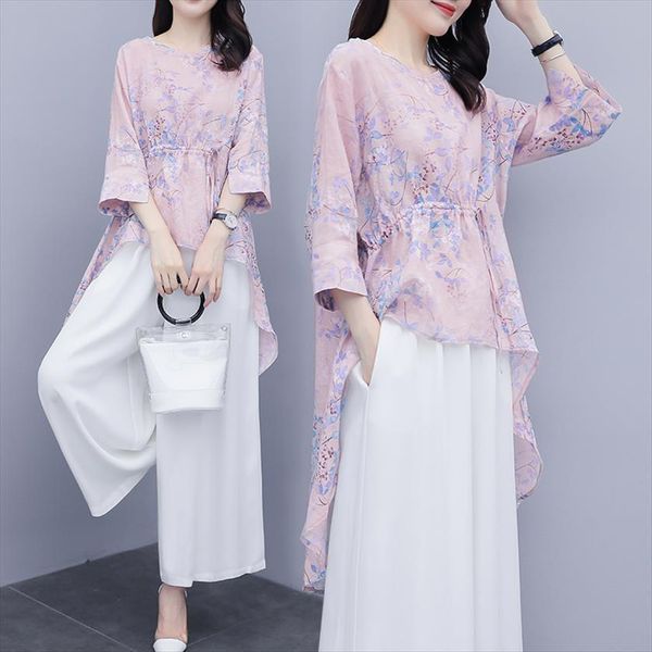 round neck pullover irregular cotton womenpant linen two piece drawstring front short back long with wide leg pants for, White
round neck pullover irregular cotton womenpant linen two piece drawstring front short back long with wide leg pants for, White