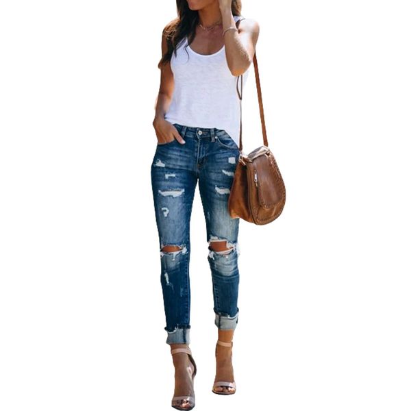 women casual ripped holes pencil denim jeans dark blue high waist close-fitting long trousers with broken holes
women casual ripped holes pencil denim jeans dark blue high waist close-fitting long trousers with broken holes