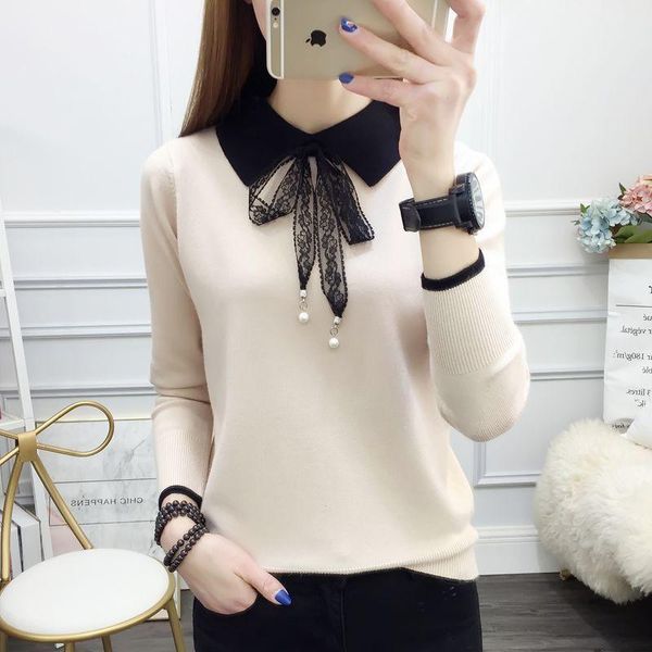 women's sweaters loose thin bow sweater female knit low waist jersey lace long-sleeved upper garment, White;black
women's sweaters loose thin bow sweater female knit low waist jersey lace long-sleeved upper garment, White;black