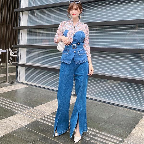 women's two piece pants high street women sets spring summer chiffon floral denim patchwork shirt + flared trousers casual fashion two-, White
women's two piece pants high street women sets spring summer chiffon floral denim patchwork shirt + flared trousers casual fashion two-, White