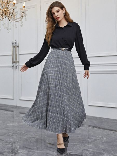 plaid print belted pleated skirt n8ks#, Black