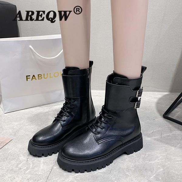 boots women motorcycle shoes woman high heel platform pu leather lace up black girls