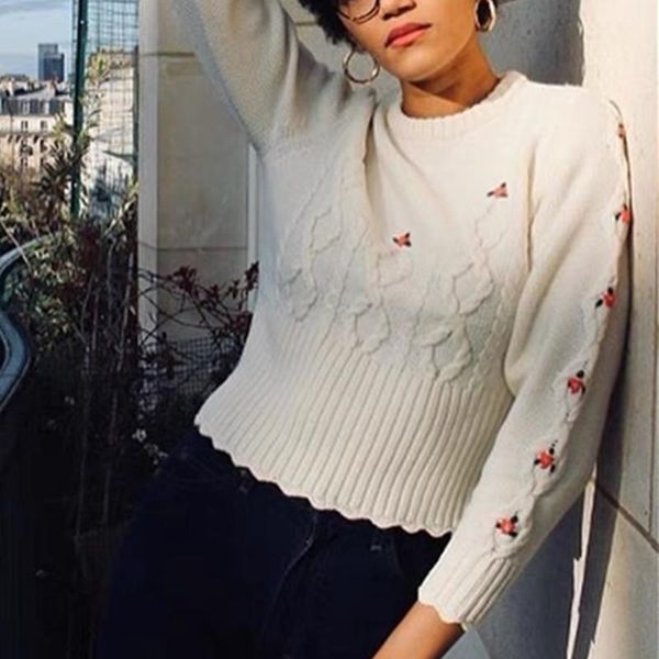 women's sweaters twist vintage sweater o-neck white floral embroidery long sleeve 2021 autumn winter ladies slim knitwear short jumpers, White;black
women's sweaters twist vintage sweater o-neck white floral embroidery long sleeve 2021 autumn winter ladies slim knitwear short jumpers, White;black