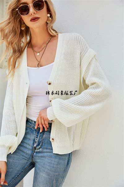 2021 new autumn winter women's sweater large solid color button fungus edge coat, White
2021 new autumn winter women's sweater large solid color button fungus edge coat, White