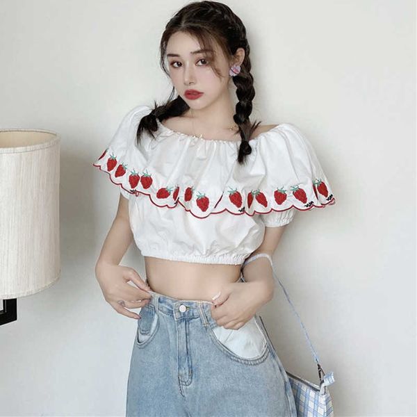 women's knits & tees young girls kawaii strawberry embroidered ruffle off shoulder summer cute whihte blouse women sleeve cro, White
women's knits & tees young girls kawaii strawberry embroidered ruffle off shoulder summer cute whihte blouse women sleeve cro, White