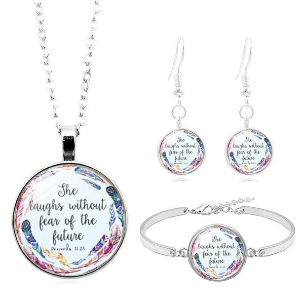 earrings & necklace jewelry set "she laughs without fear of future" inspirational quote bracelet earring sets for women gift, Silver
earrings & necklace jewelry set "she laughs without fear of future" inspirational quote bracelet earring sets for women gift, Silver