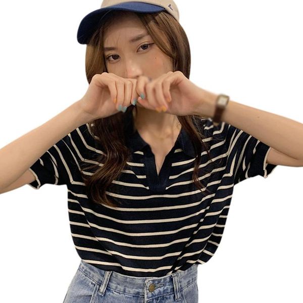 women's t-shirt kawaii women short-sleeved summer loose french stripes fashion turn-down collar casual female knited, White
women's t-shirt kawaii women short-sleeved summer loose french stripes fashion turn-down collar casual female knited, White