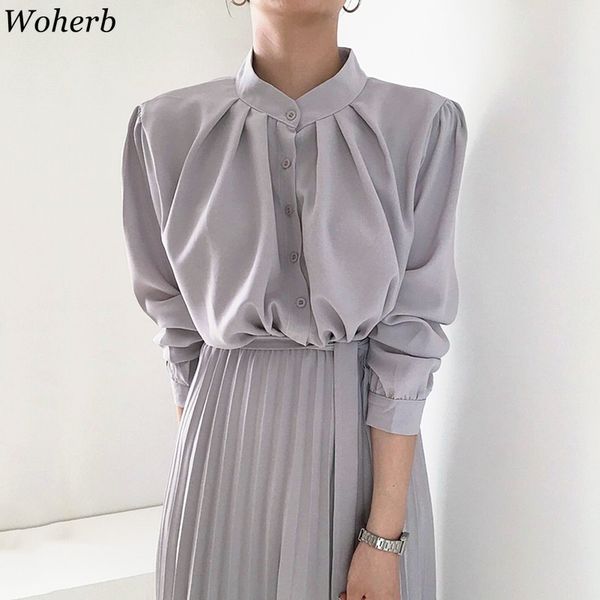 vintage long sleeve dress women casual solid eleganr stand collar pleated dresses korean chic office lady robe vestidos 210417, Black;gray
vintage long sleeve dress women casual solid eleganr stand collar pleated dresses korean chic office lady robe vestidos 210417, Black;gray